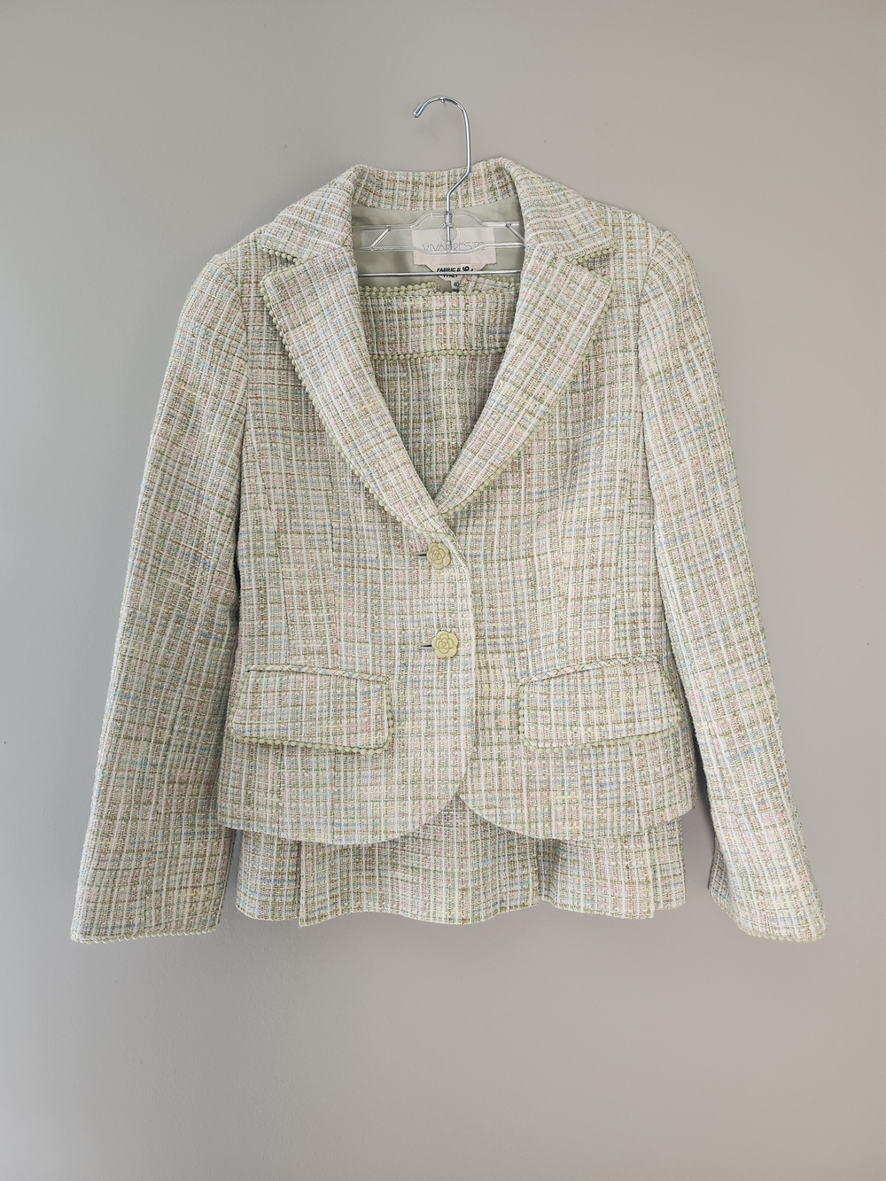 Viva Presto Tailored Pastel Tweed Skirt Suit Womens Vintage Italian Fabric Sz 40